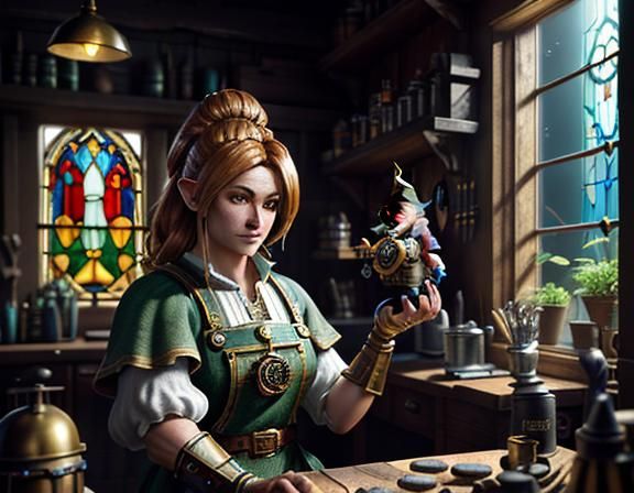 Gnome Repairs Automaton at Workbench in Digital Art