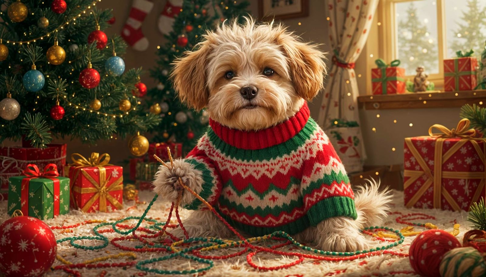 Dog in Ugly Christmas Sweater Knits Festive Disaster