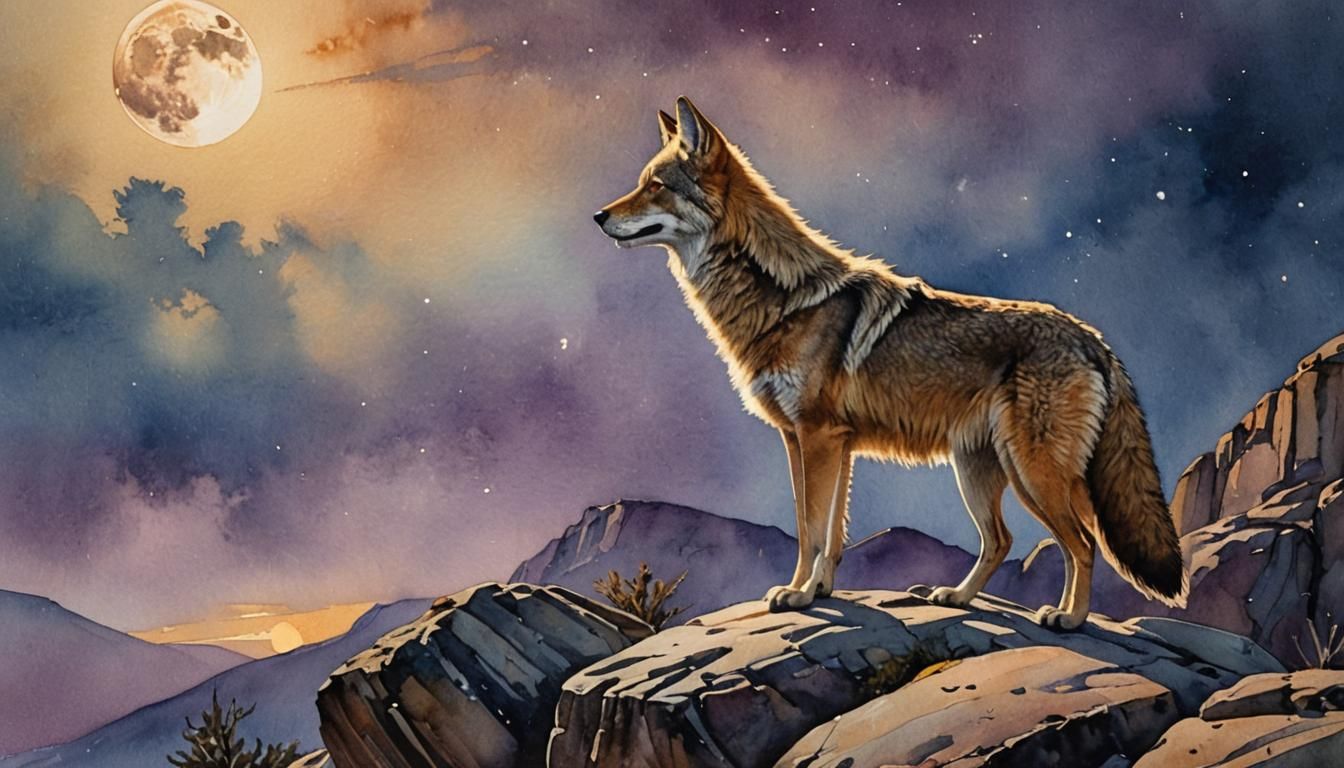 Coyote Howling at Moon in Hyperrealistic Watercolor