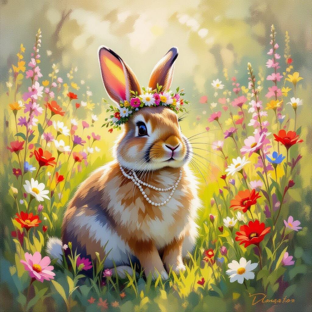 Majestic Rabbit in Wildflower Crown, Impressionistic Oil Pai...