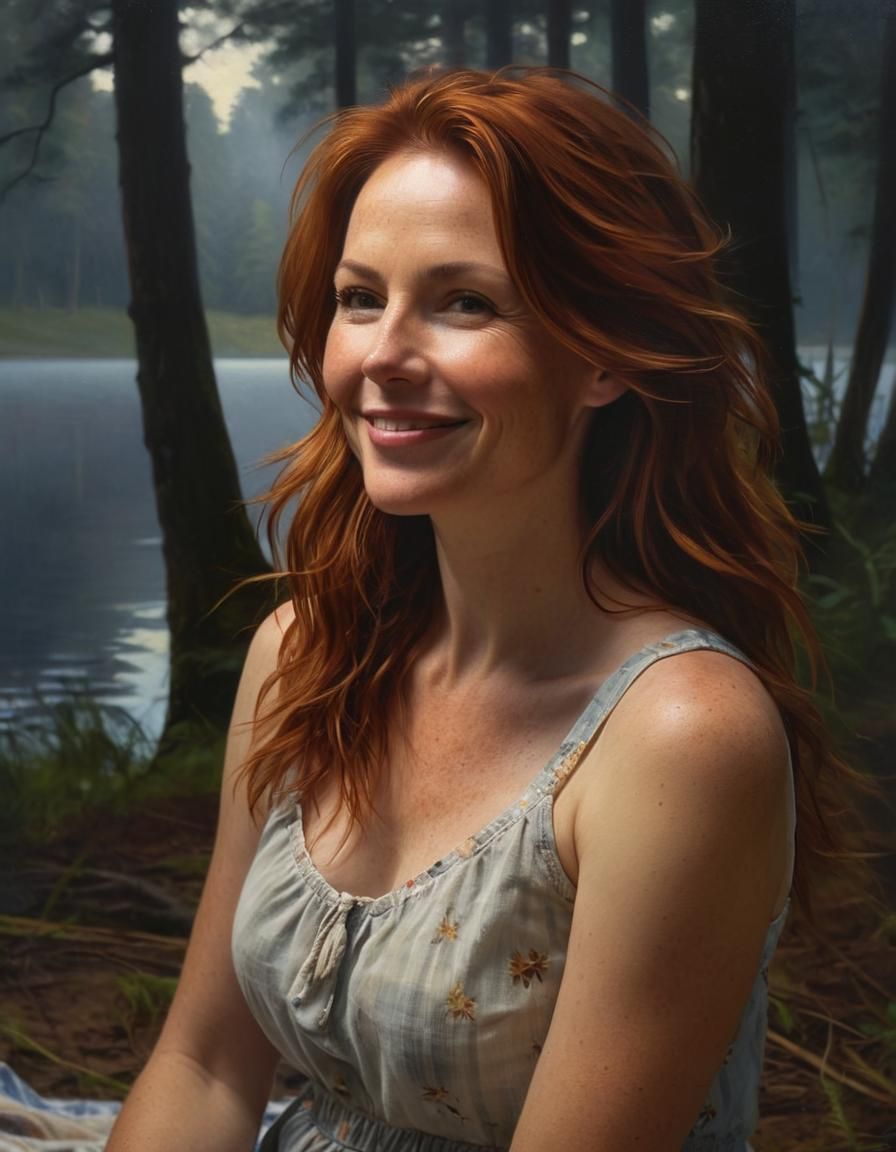 Woman in Misty Forest: Chiaroscuro Oil Painting