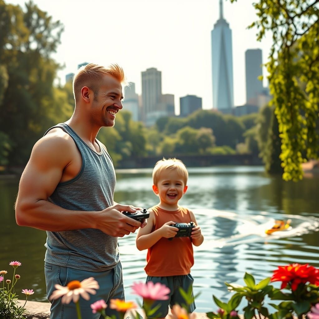 Father and Son Enjoy Quality Time at Central Park Pond