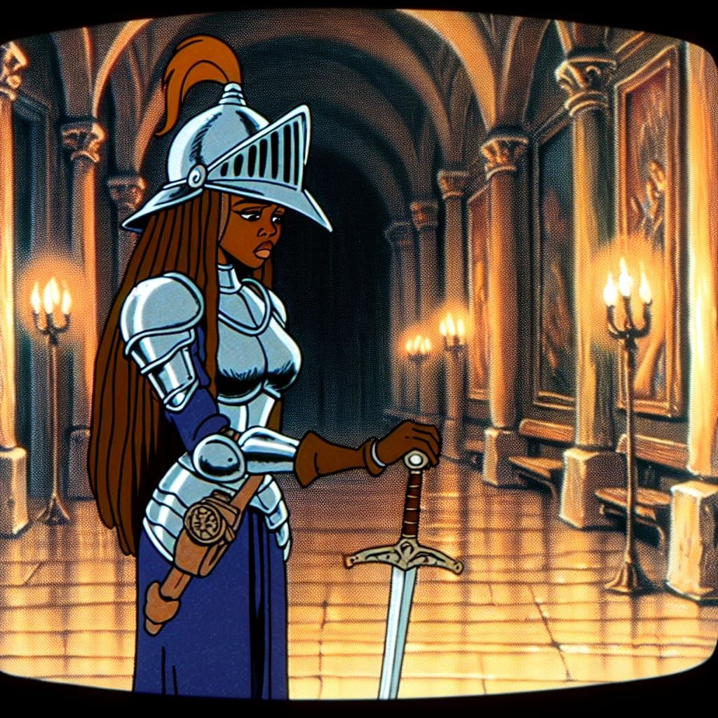 Weary African Knight Woman in CRT-Style Castle Corridor