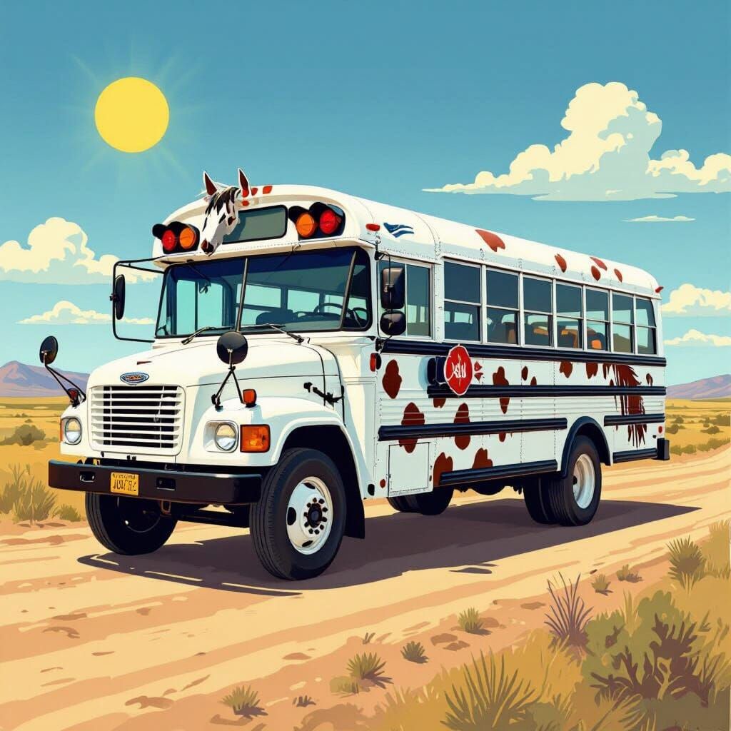 Appaloosa Horse School Bus on Rural Road