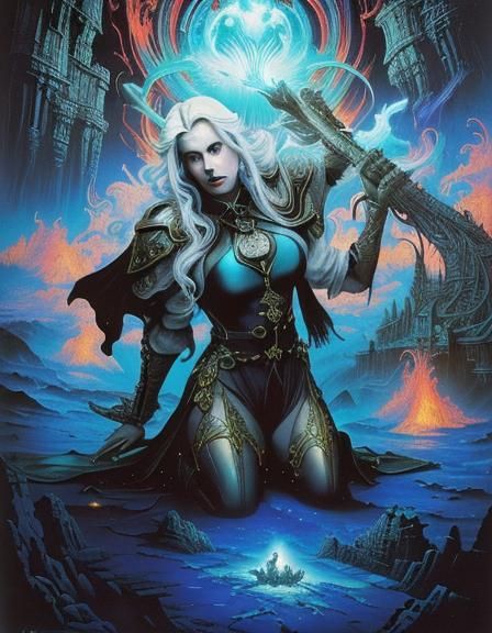 Drow Priestess in Underwater Shrine, Dark Fantasy Art