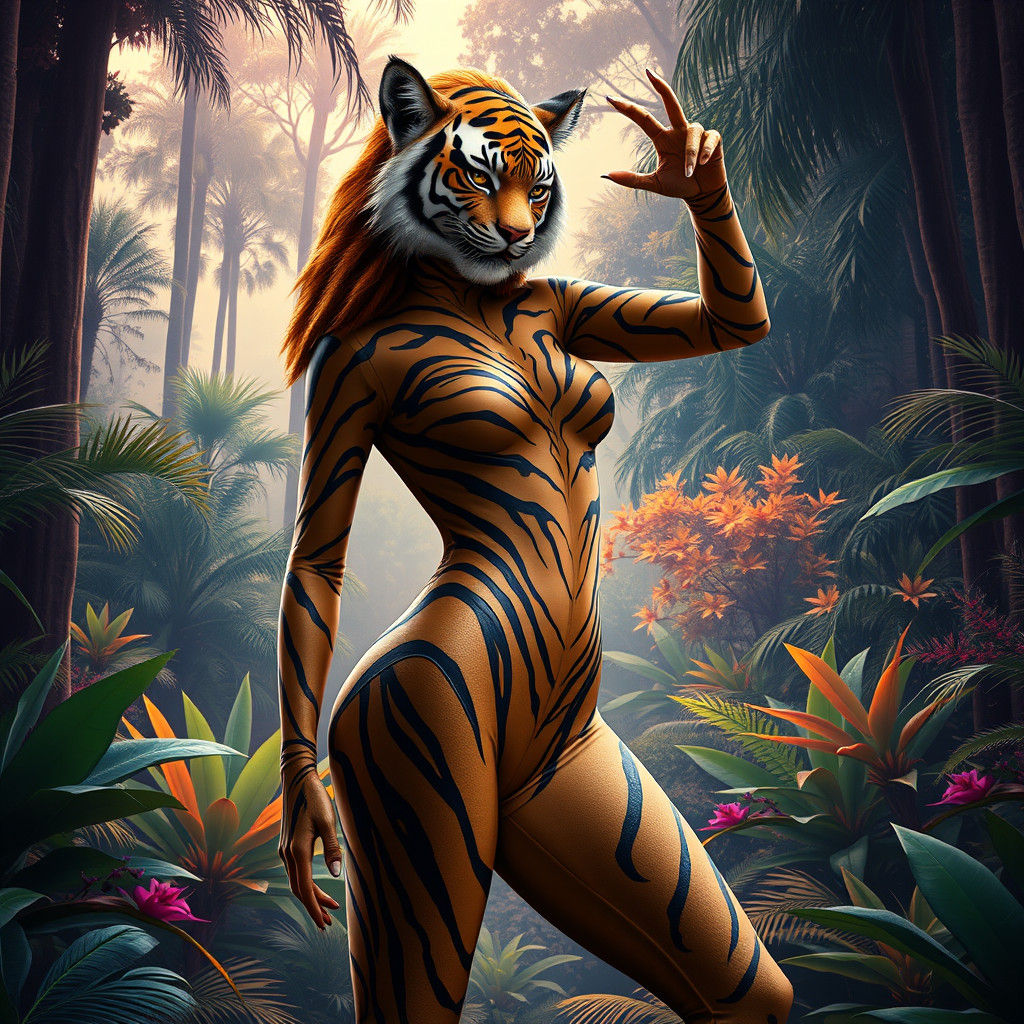 Tiger Bodysuit Heroine in Lush Safari, Syd Mead Style