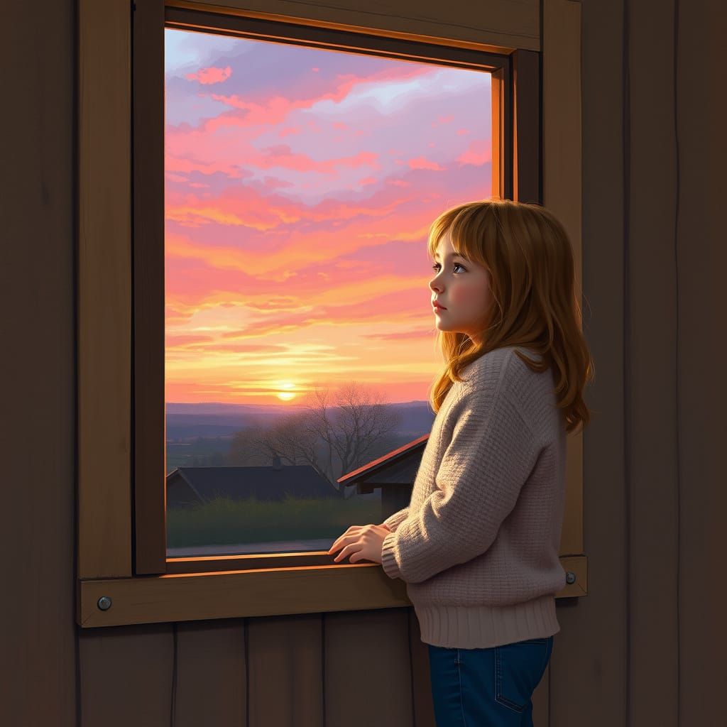 Girl Lost in Sunset's Warm Glow in Impressionist Style