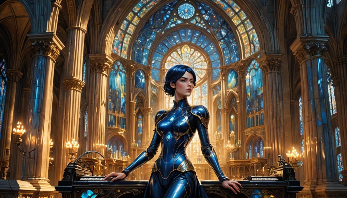 Gynoid Adventuress Plays Synth-Organ in Cathedral