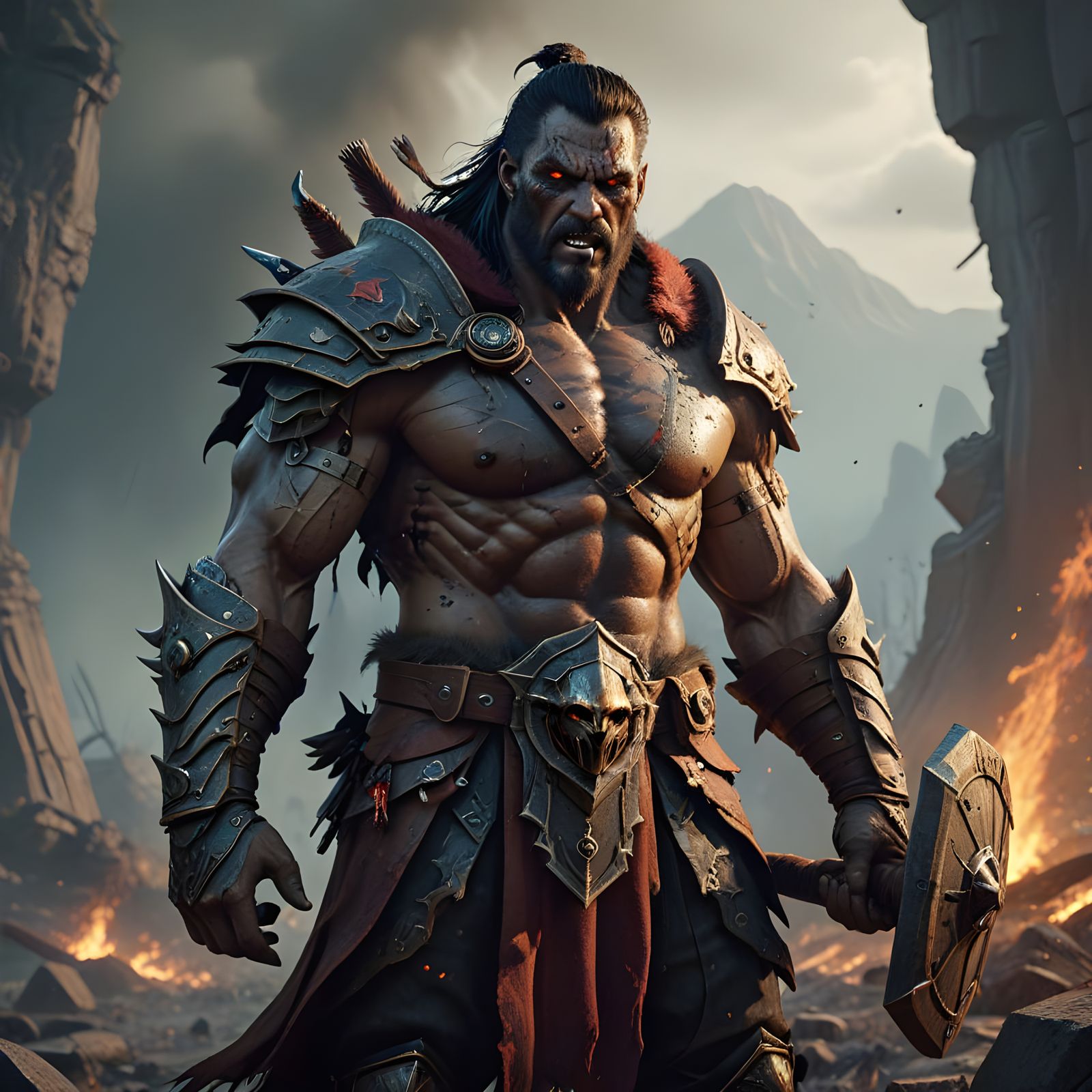 Powerful Goliath Barbarian in Battle-Scarred Mail Armor