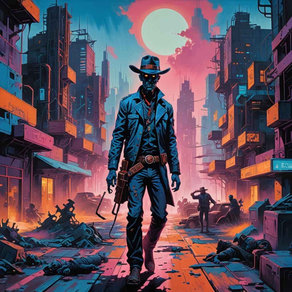 Zombie Cowboy in Retro Metropolis, Detailed Matte Painting