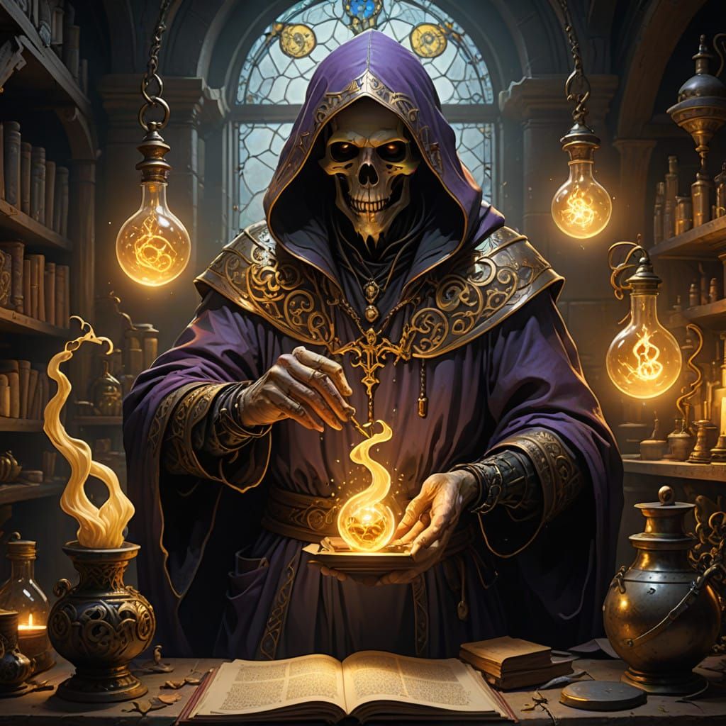 Medieval Alchemist Surrounded by Magical Vapors and Ancient....