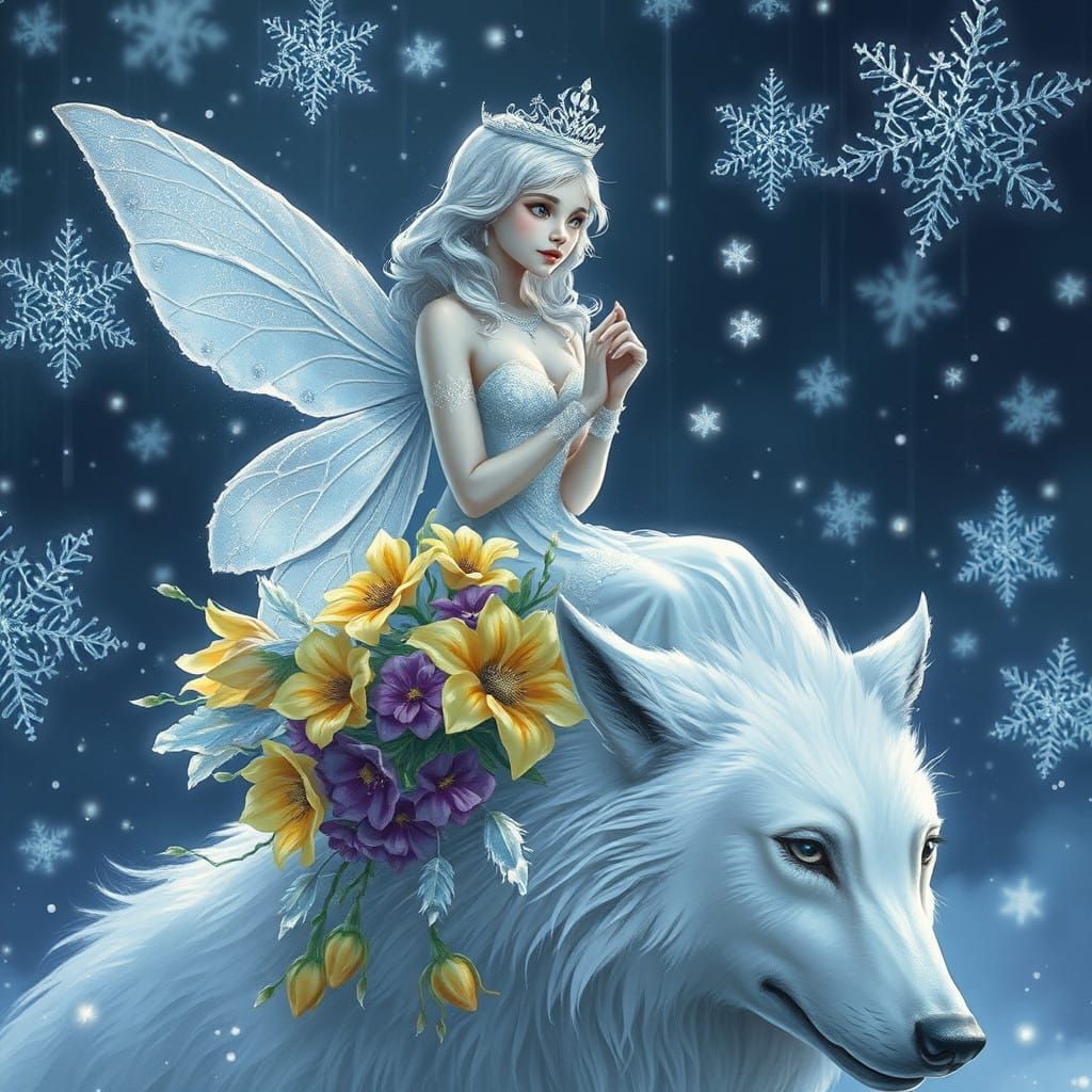 Serene Winter Fairy Rides Majestic White Wolf Through Fallin...