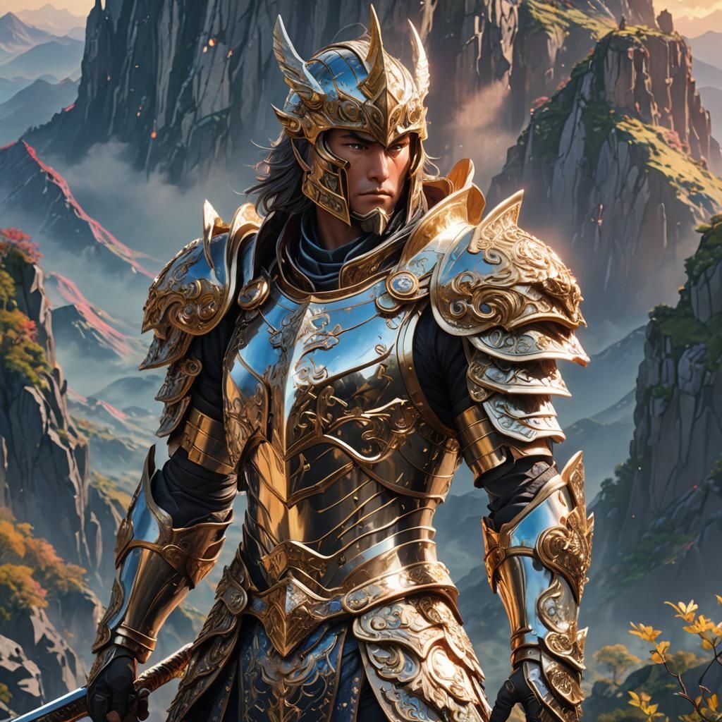 Anime Warrior in Ornate Armor: 3D Render