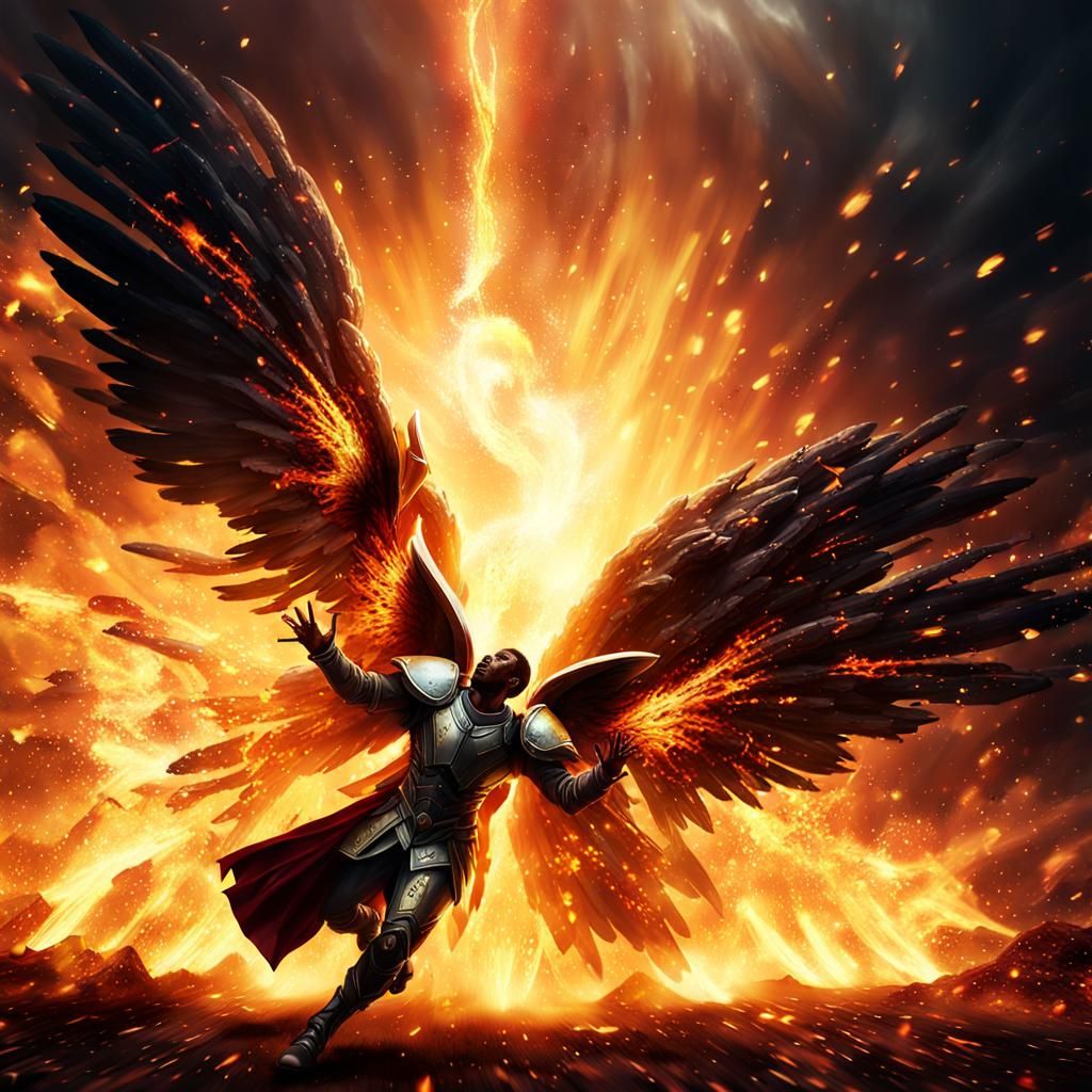 Black Angel Ascends from Explosion in Dark Fantasy Art