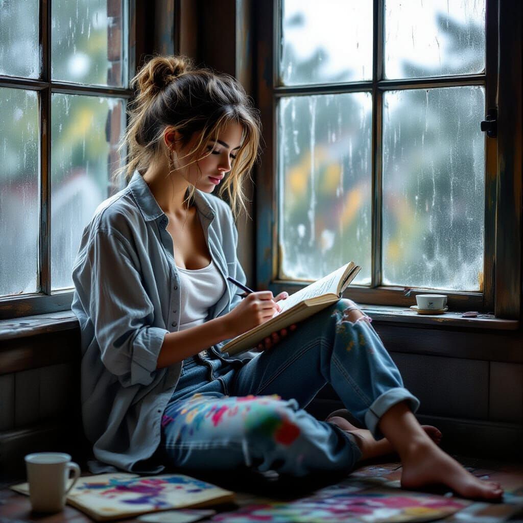 Rainy Day: Female Artist Sketching in Studio