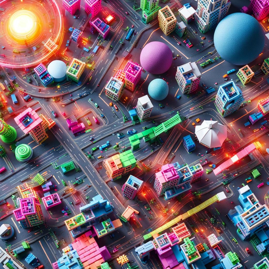 A child creates a city out of neon blocks, tinker toys, children toys