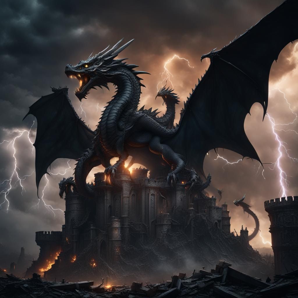 Black Dragon Ascends Tower in Lightning Storm