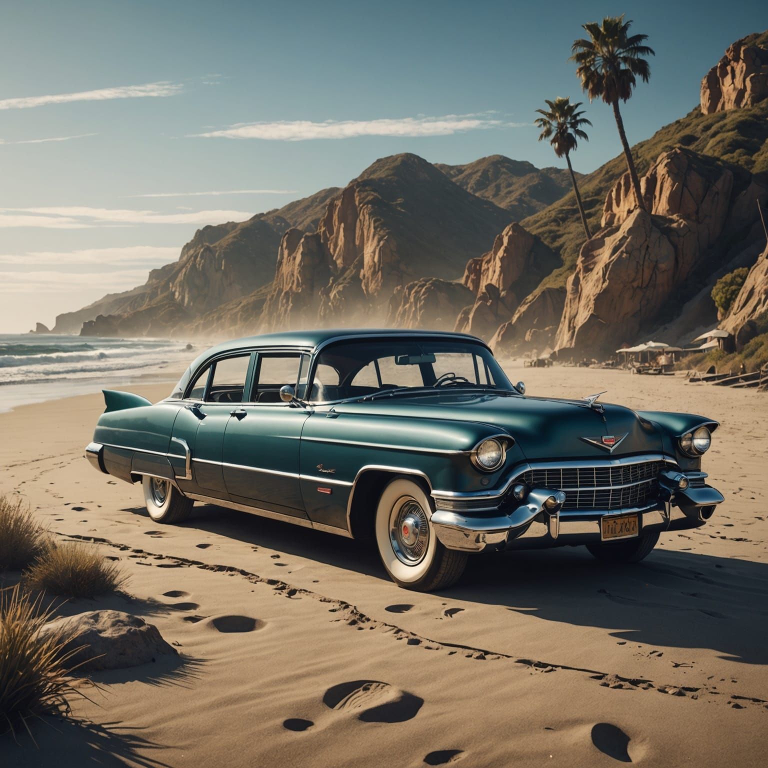 Vintage Cadillac on California Beach: Detailed Matte Paintin...