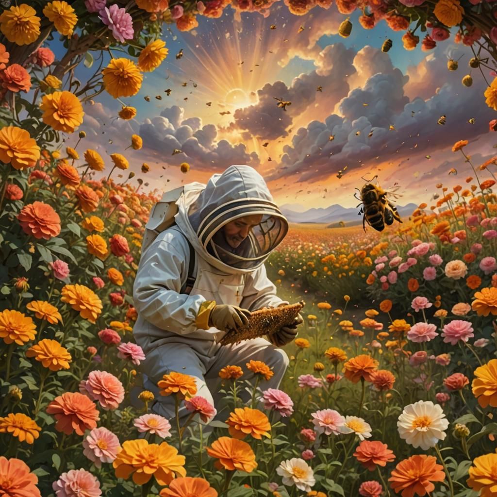 Beekeeper in Astral Flower Field, Visionary Art