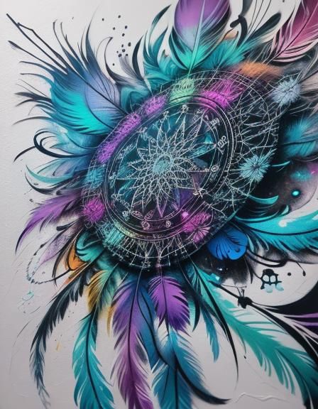 Intricate Dreamcatcher Graffiti Art in Teal and Purple