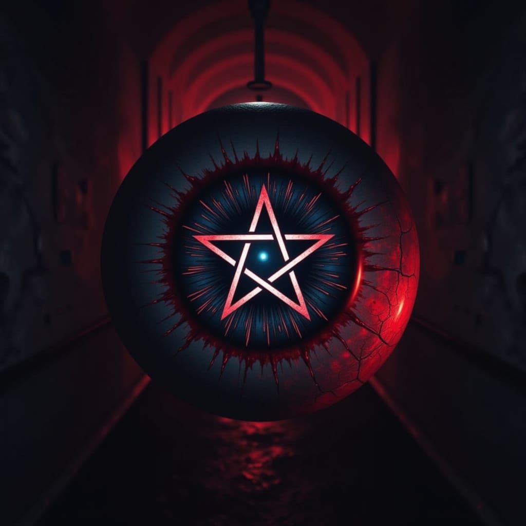 Hypnotic Eyeball With Pentagram Rolls Through Liminal Hall