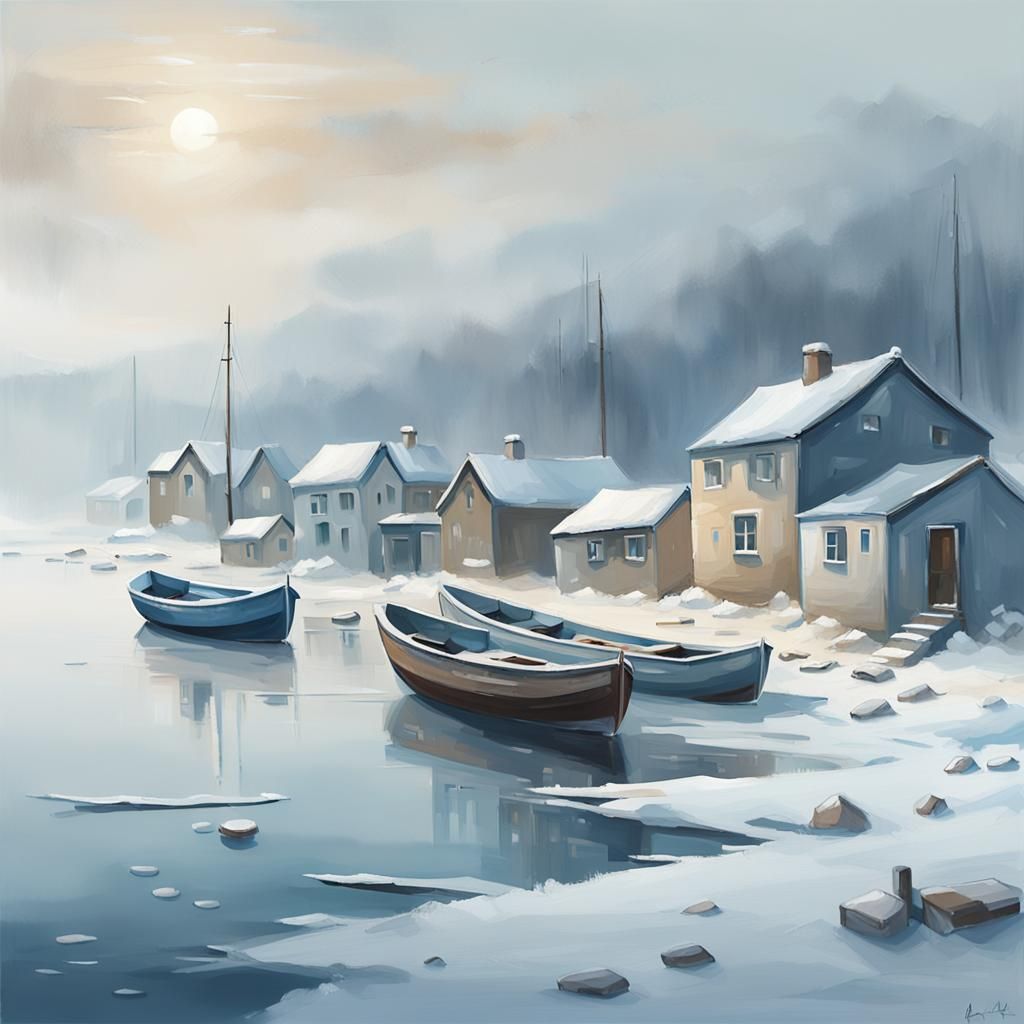 Winter Fishing Village Landscape Painting in 8k