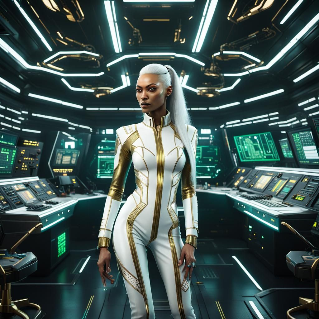 Young girl resembling Thandiwe Newton, tall, very slender, sharp thin facial features, green eyes, long white hair, whit...