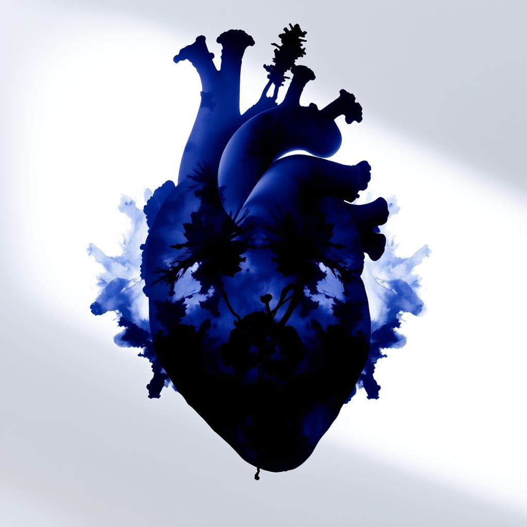 Monochromatic Heart Inkblot in Surreal Digital Art Style