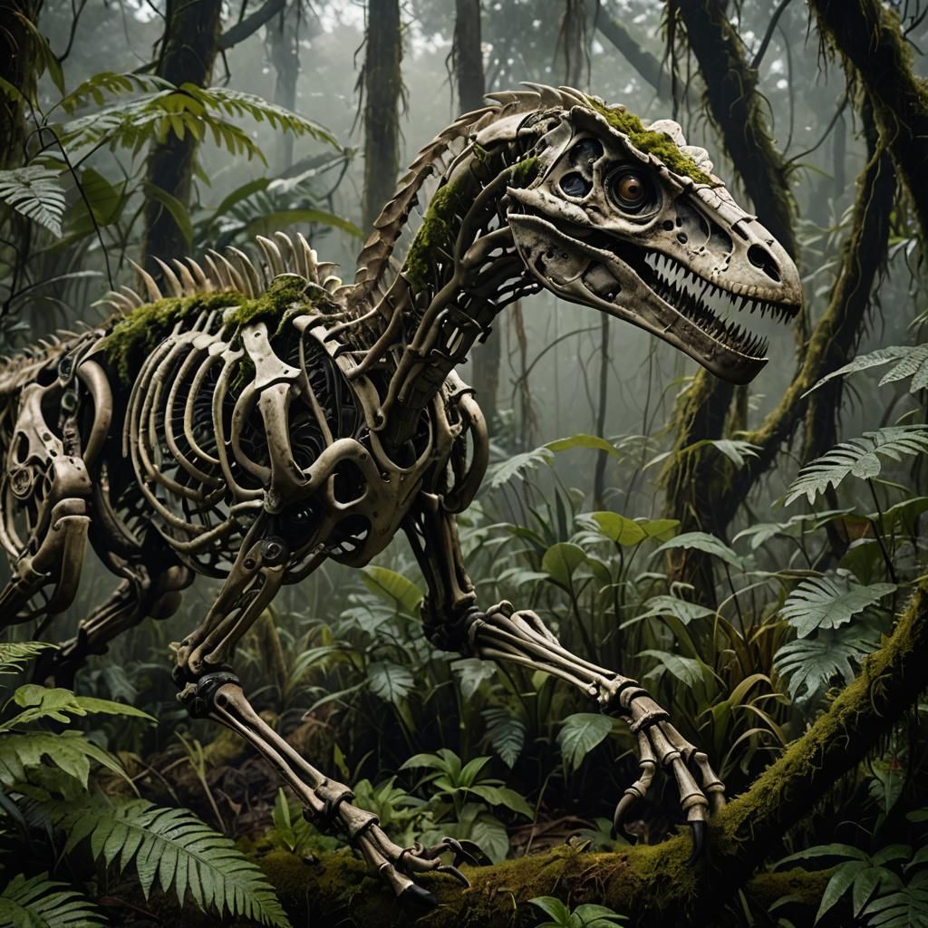 Biomechanical Velociraptor Skeleton in Sci-Fi Jungle