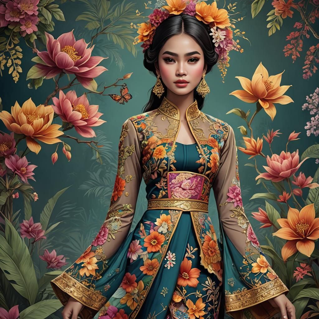 Girl in Kebaya with Floral Design Details