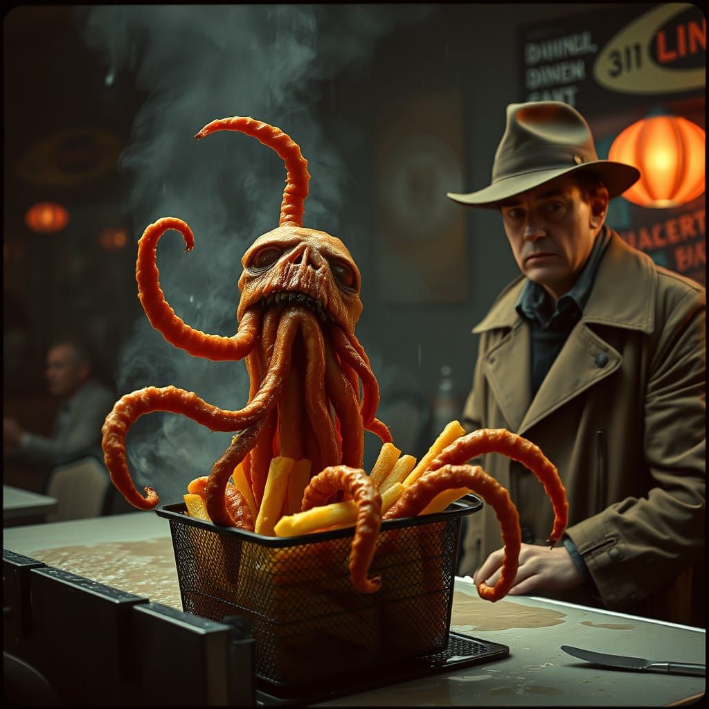 Grotesque Cthulhu Horror Scene in a Smoky Diner