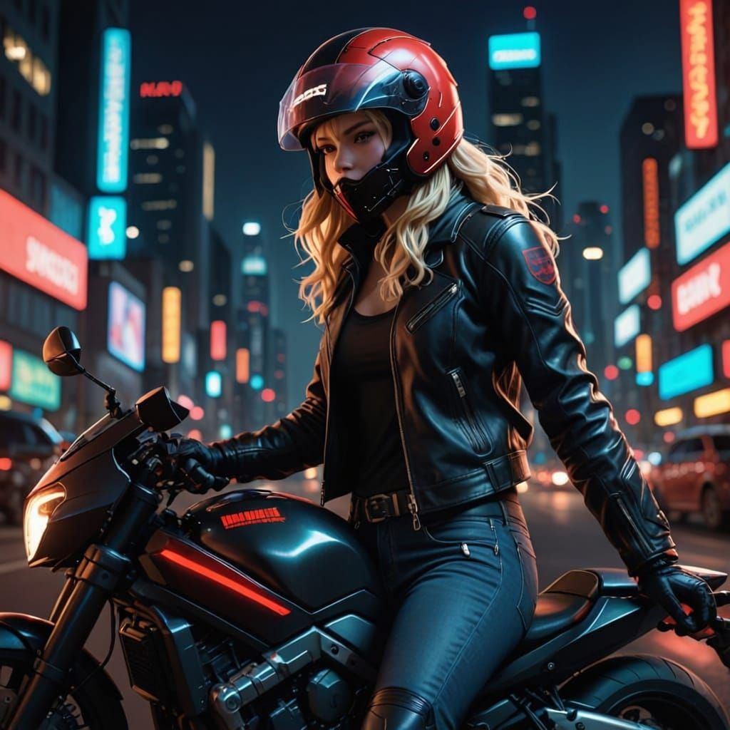 Blonde Woman in Leather Jacket on Sport Motorcycle