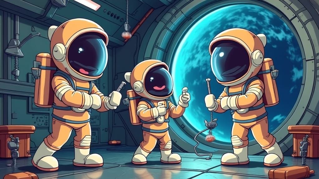 Cartoon Astronauts Working in Space Station