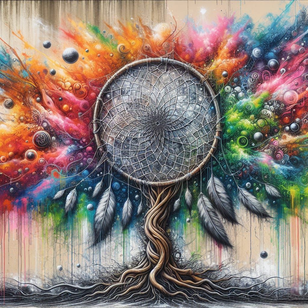 Dream Catcher Mural with Willow Tree in Graffiti Style
