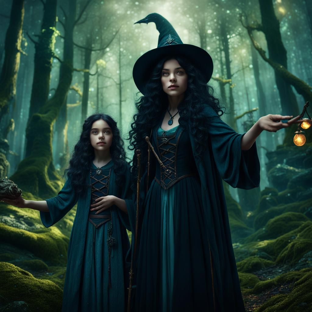 Sorceress Teaches Daughter Magic in Forest Art
