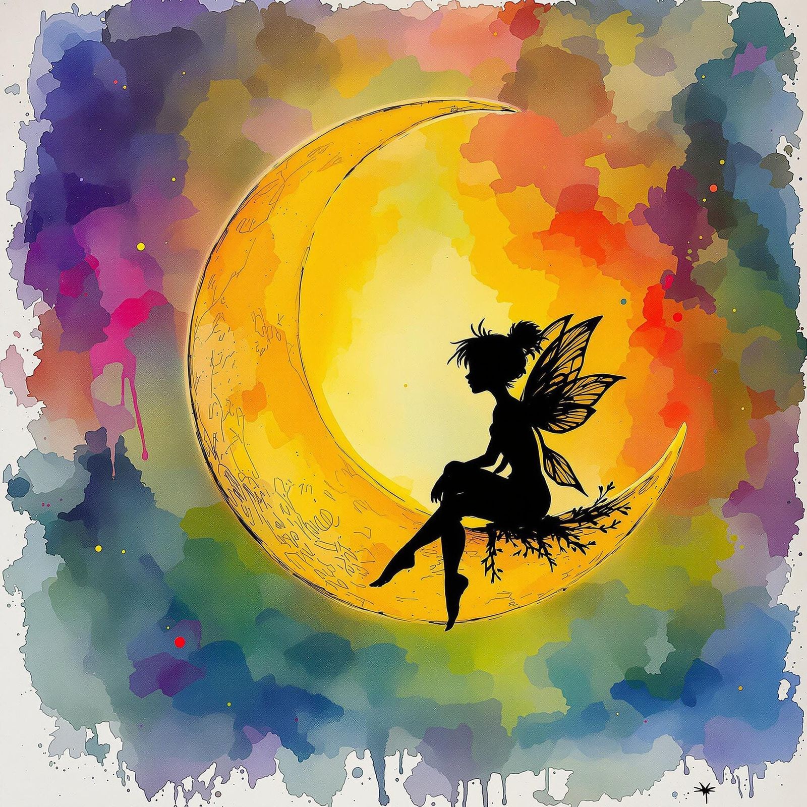 Impressive Pixie on Crescent Moon, Vibrant Ink and Charcoal...