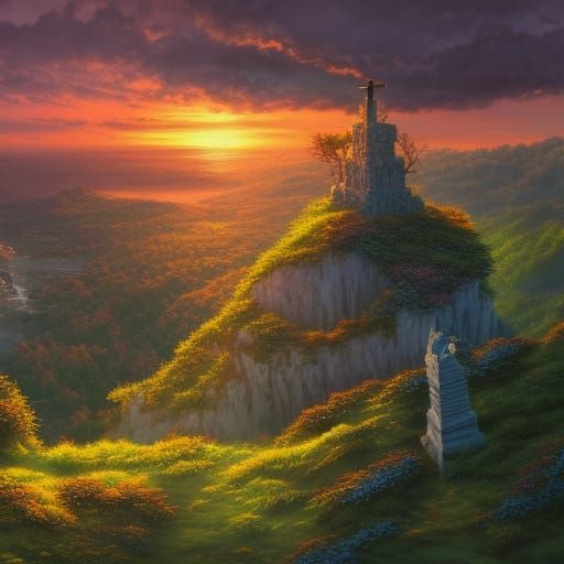 Cliffside Cross at Sunset: Fantasy Concept Art