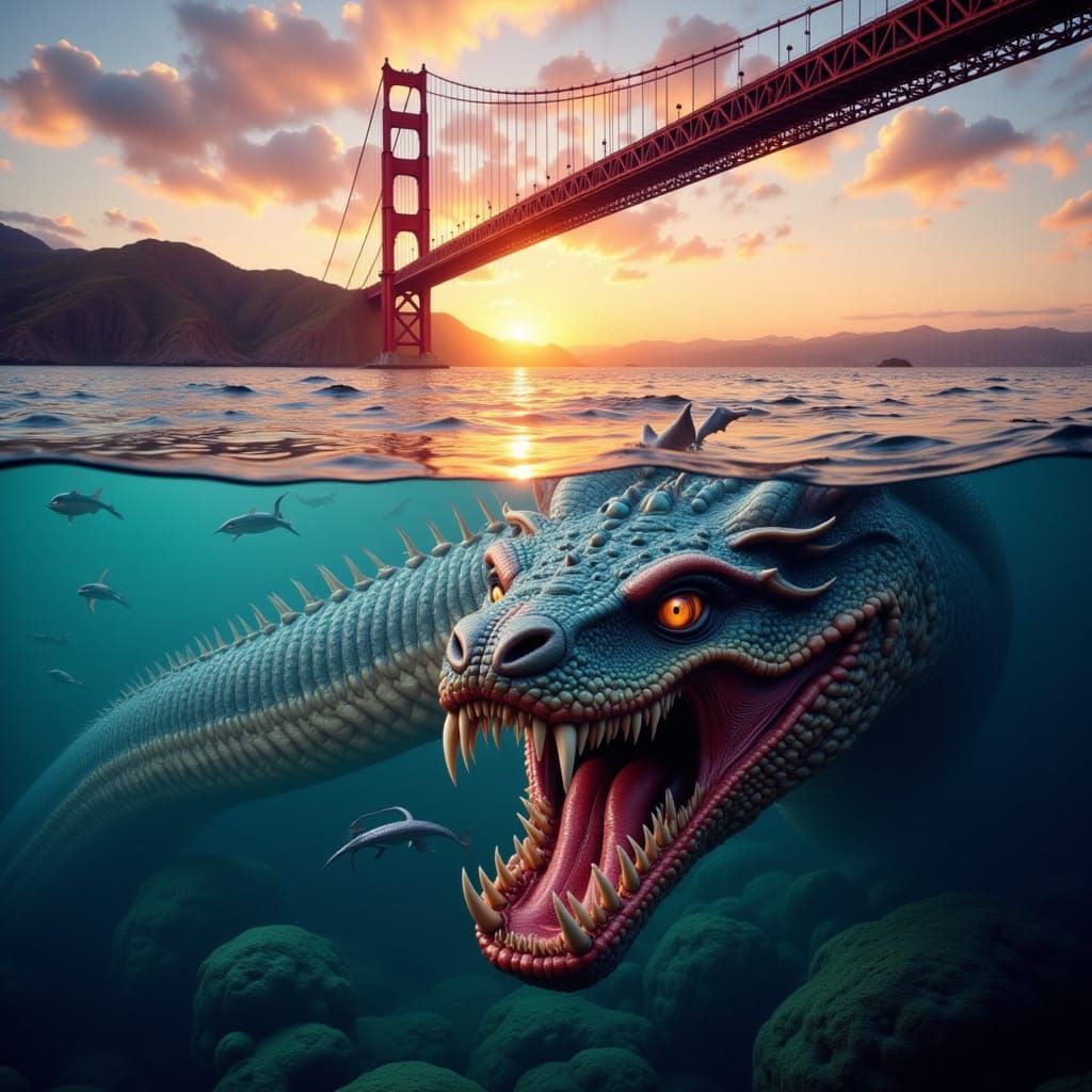 Bay Bridge Sunrise With Sea Serpent Below