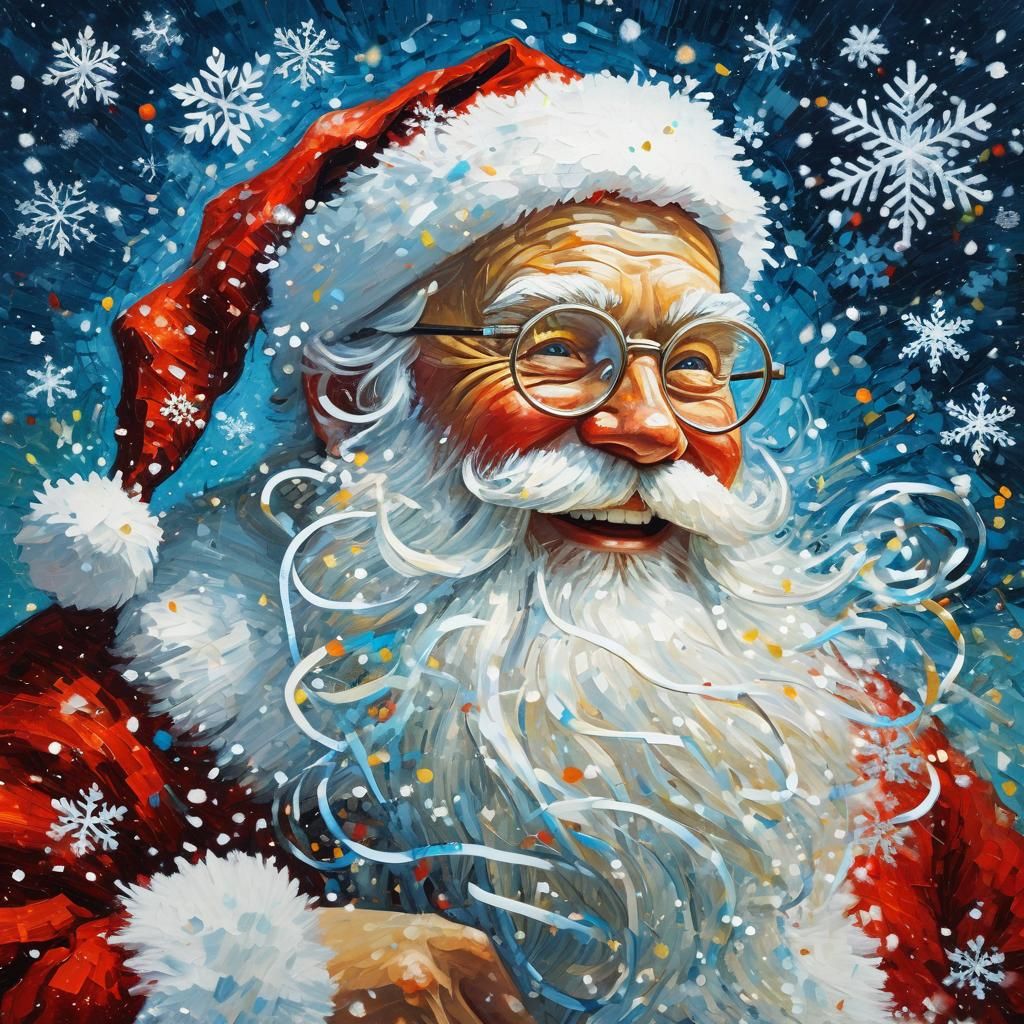 Santa Claus Blowing Snowflakes as Impasto Oil Art