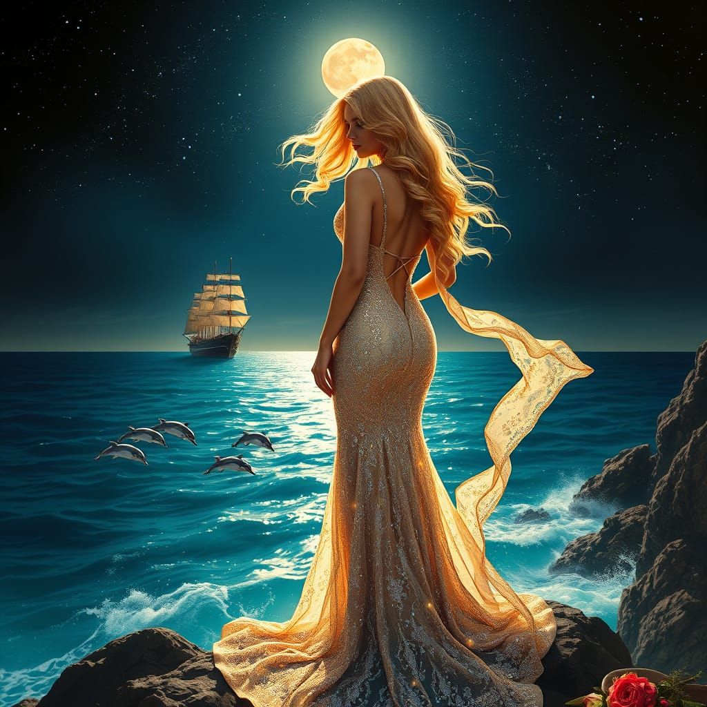 Stunning Siren on Sea Shore in Ethereal Evening Gown