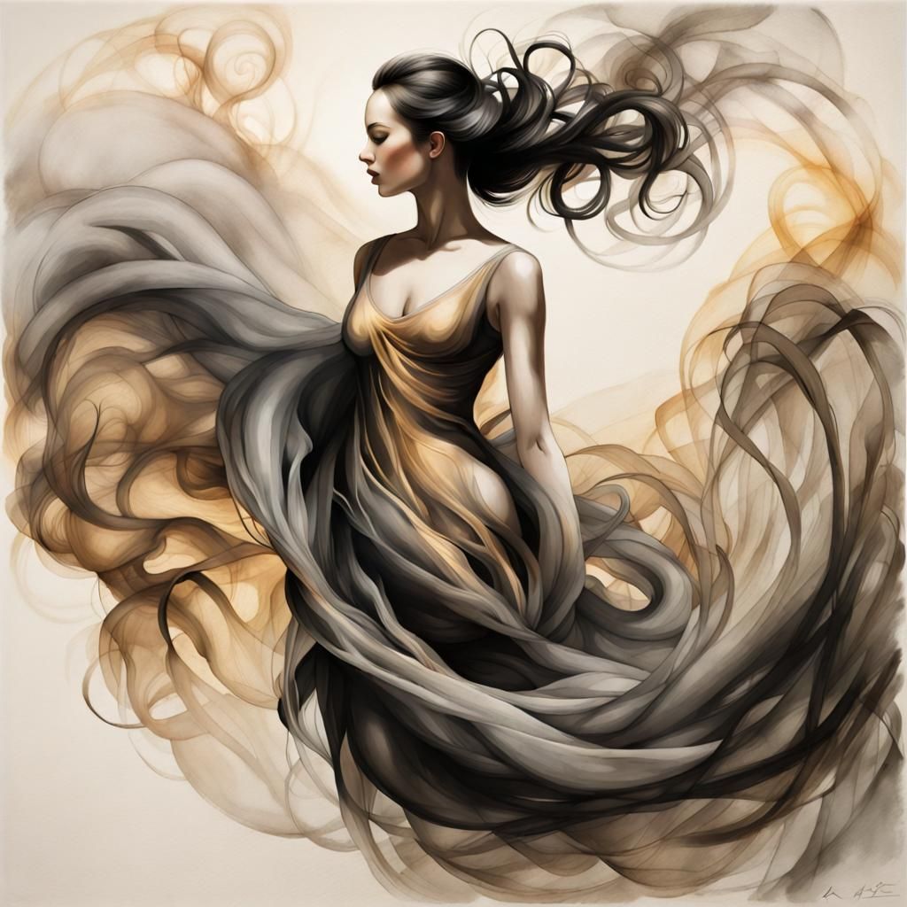 Floating Woman in Ink Wash Painting Style