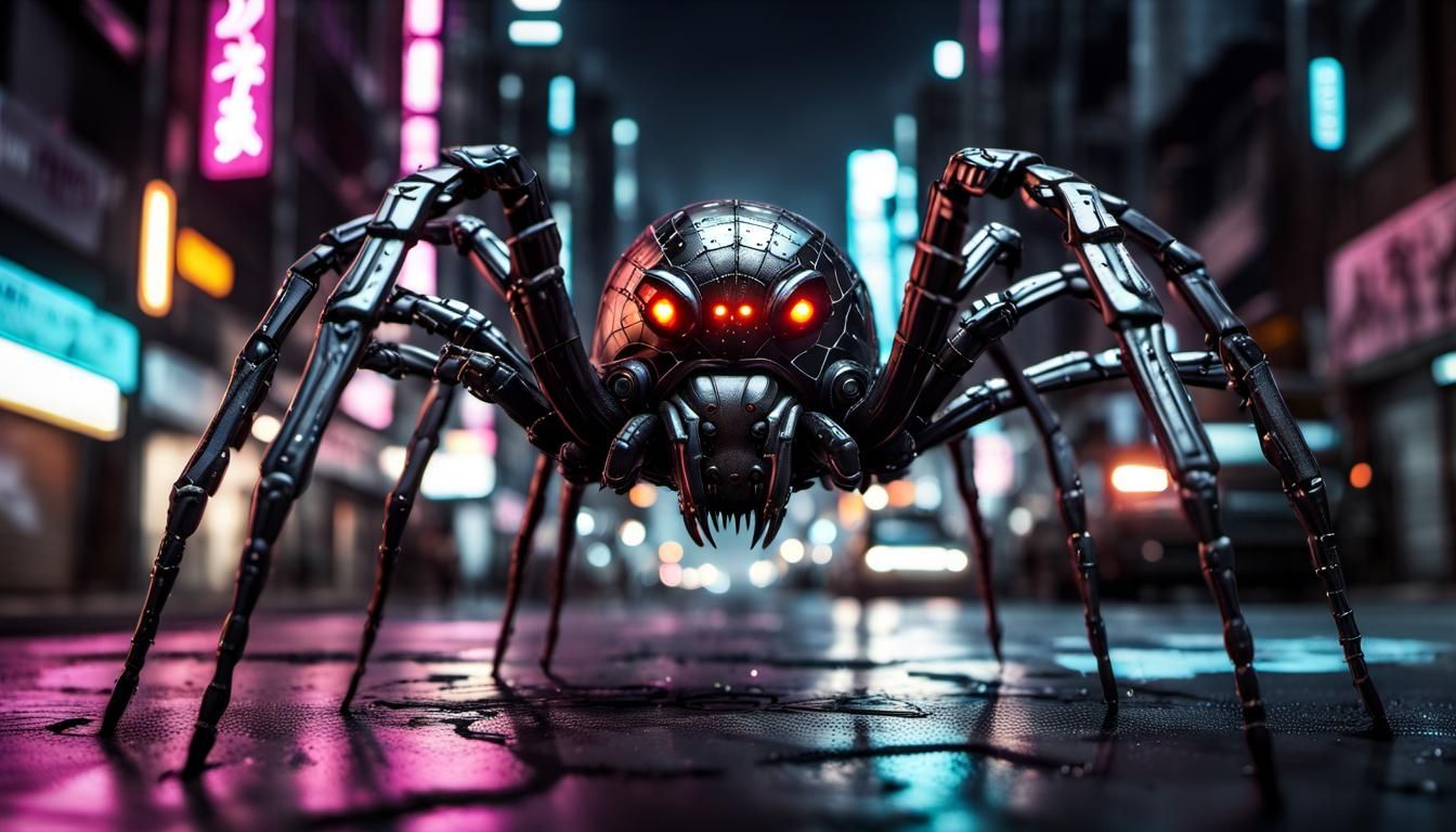 Anime Cyborg Spider in Cyberpunk Cityscape