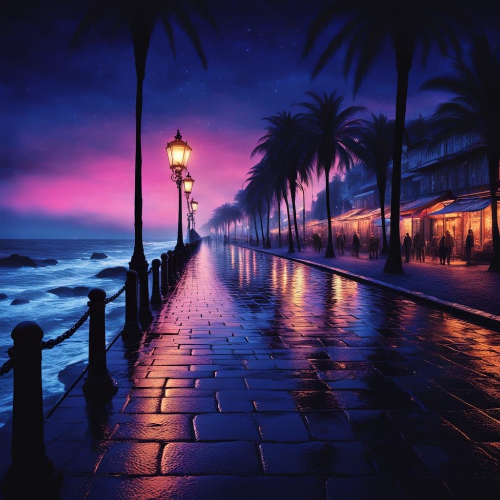 Mysterious Seaside Boulevard at Night with Neon Lights