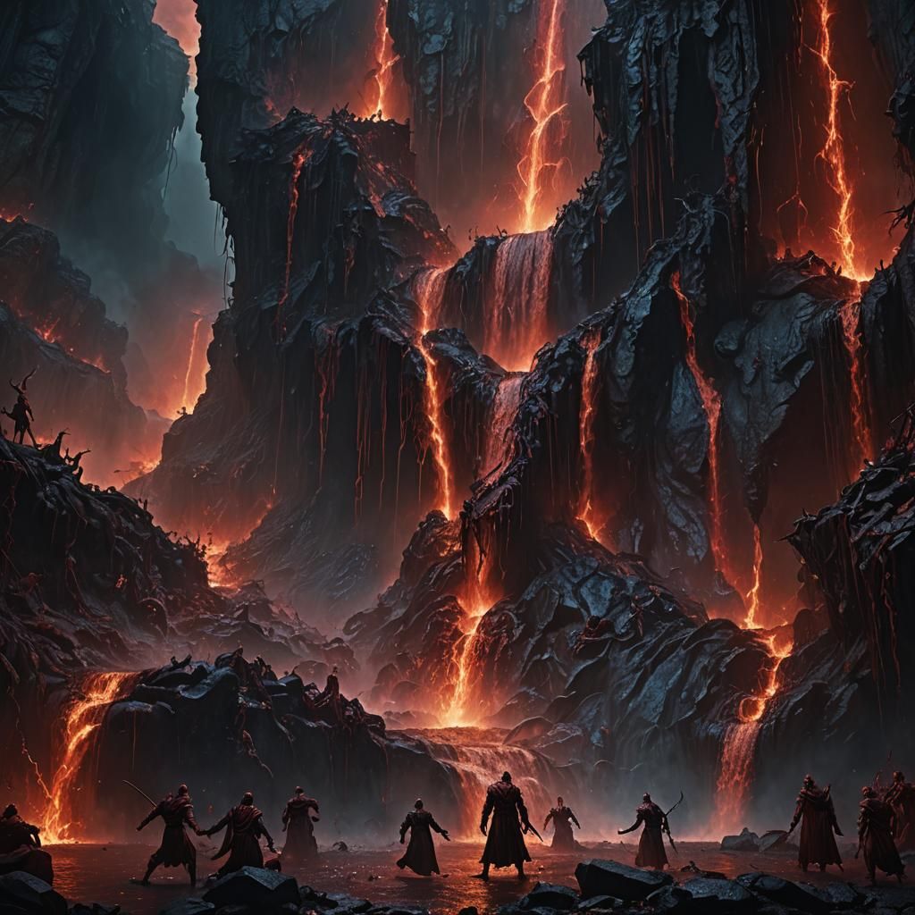 Demonic Descent: Blood Waterfall in Hell, Digital Art