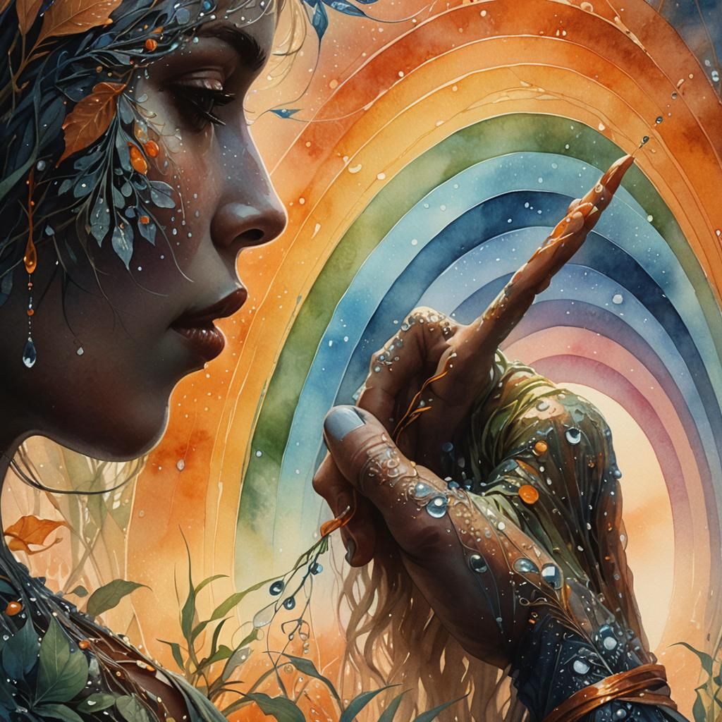 Surreal Woman Touches Dew Drop in Dream Garden