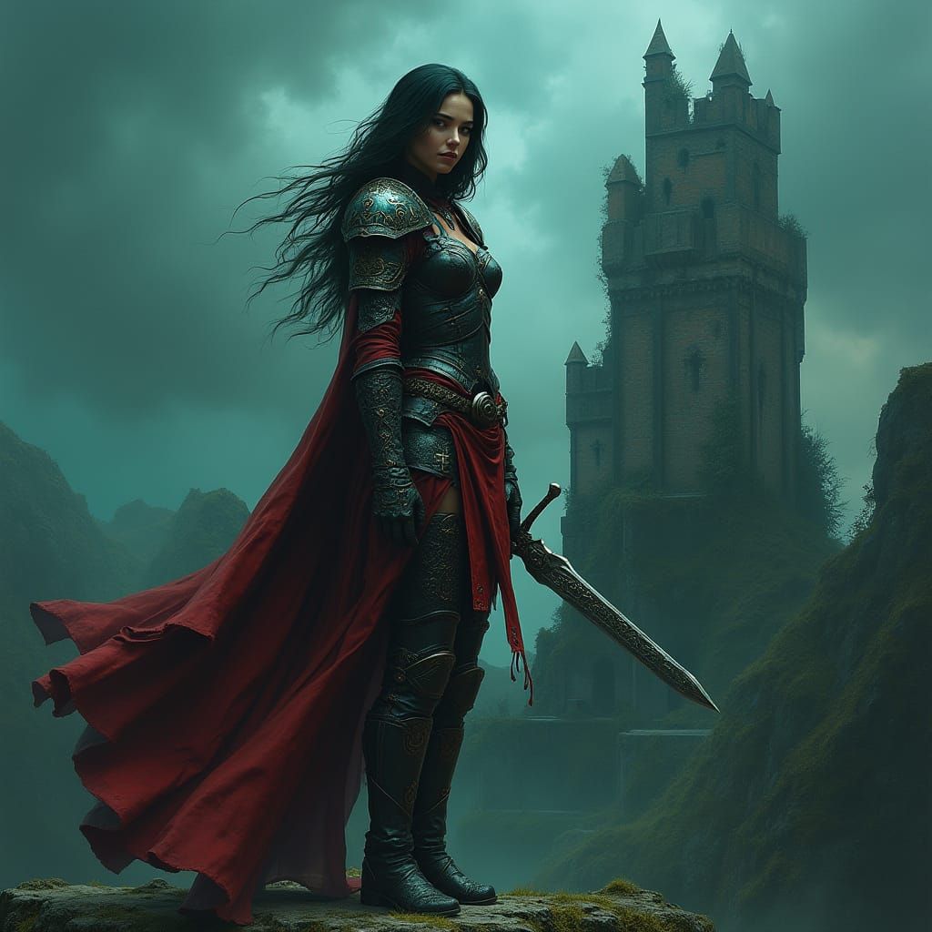 Dark Fantasy Female Warrior in Ruined Castle Battlements