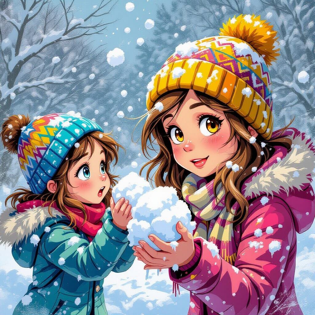 Teen Girls Snowball Fight in Vibrant Street Art Style