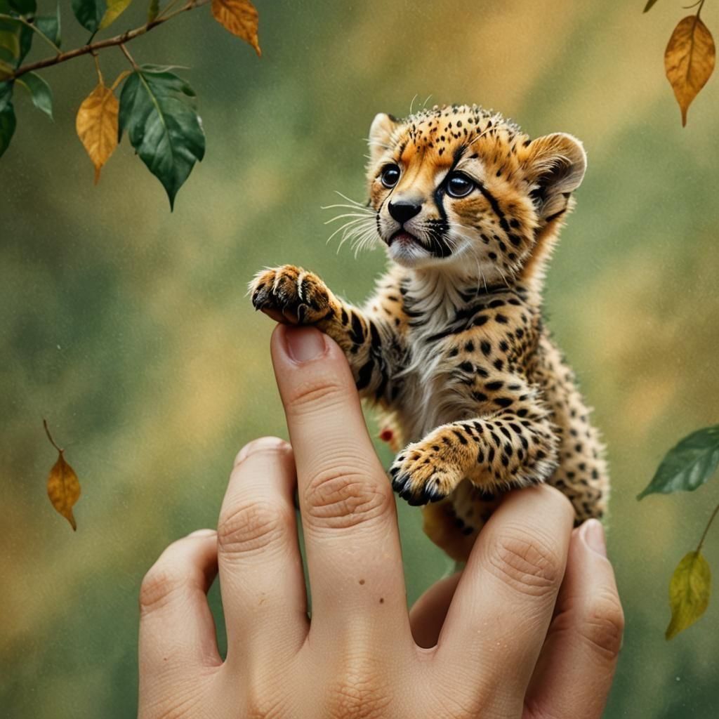 A tiny cheetah on a woman's finger