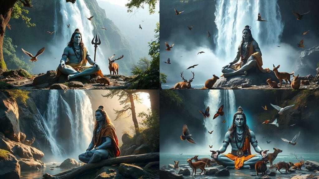 Meditative Lord Shiva Under Waterfall in Himalayas