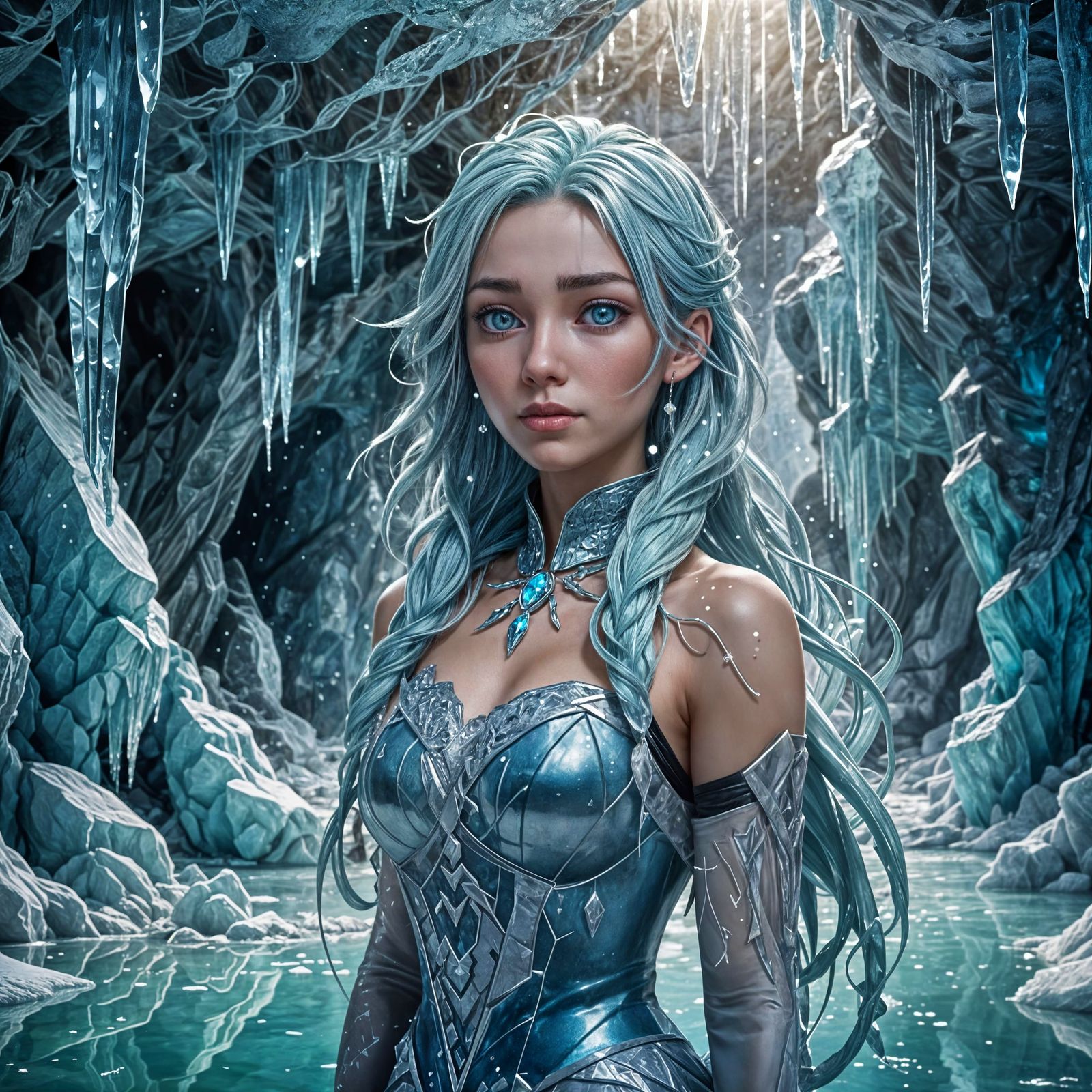 Icy Anime Girl in Crystalline Cave